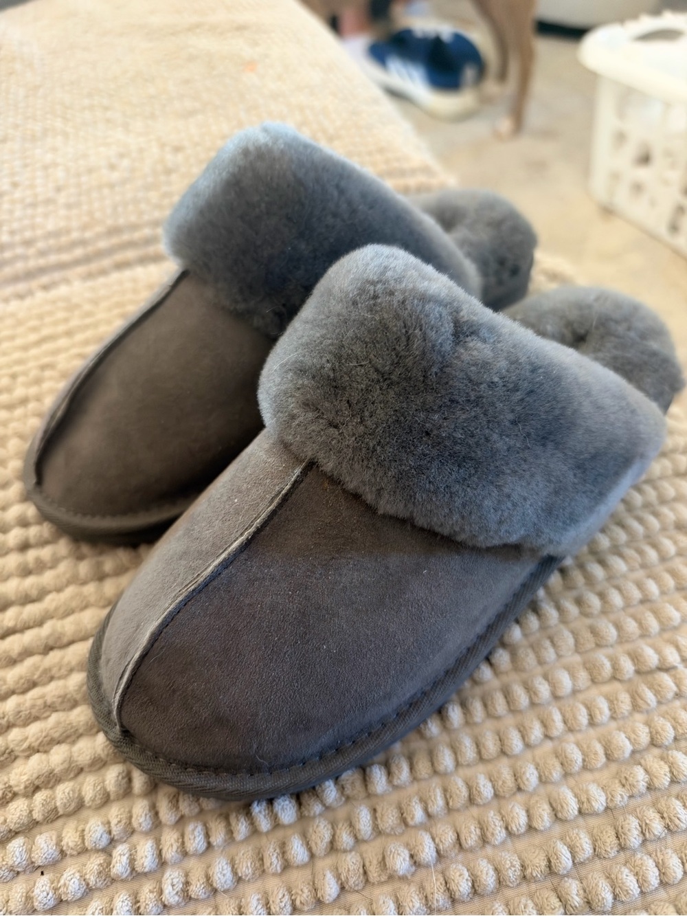 Lands' End Women's Grey Shearling Cuff Slip-On Slippers